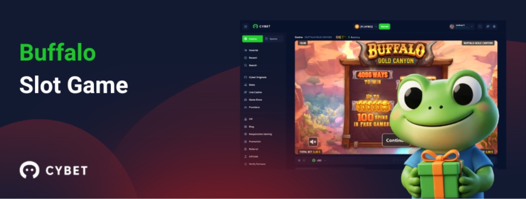 Buffalo slot game screen with Cybet casino interface and cartoon frog mascot holding a green gift box, showcasing the game’s main menu and bonus features.
