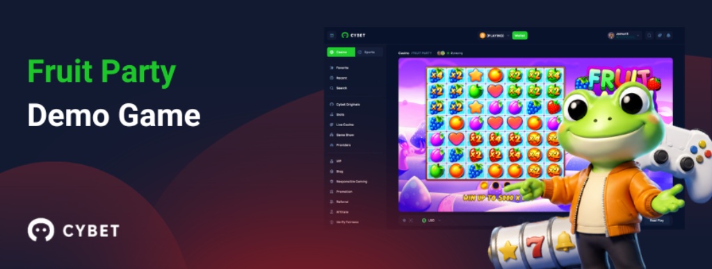 Fruit Party demo game screen with Cybet casino interface and cartoon frog mascot holding a game controller, showing the slot’s colorful fruit-themed reels.