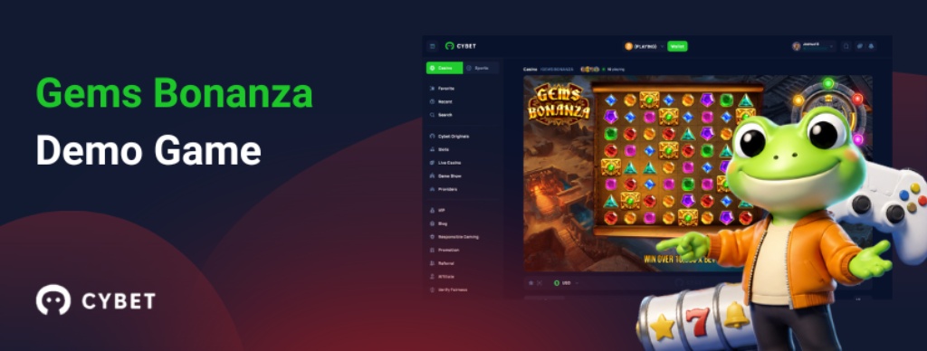 Screen with Cybet casino interface and cartoon frog mascot holding a game controller