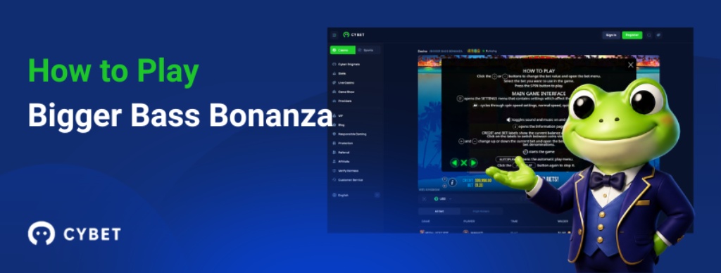 How to play Bigger Bass Bonanza tutorial with Cybet casino interface and frog mascot in a blue suit, presenting the game’s instructions overlay.