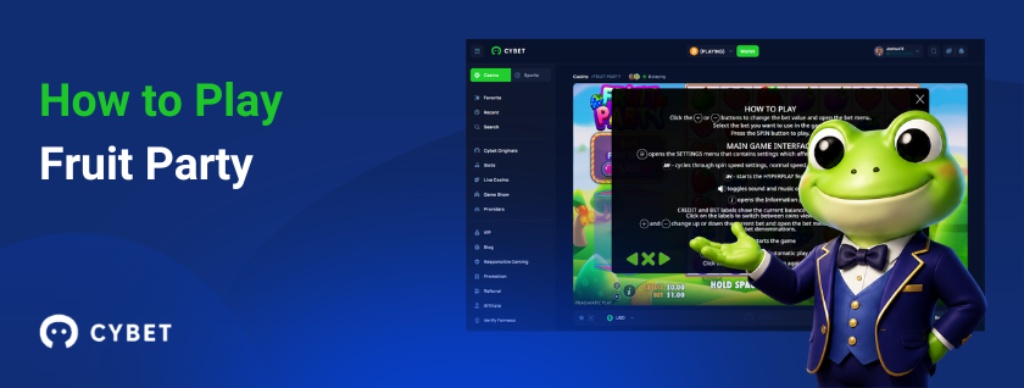How to play Fruit Party tutorial with Cybet casino interface and frog mascot in a blue suit, presenting the game’s instructions overlay.