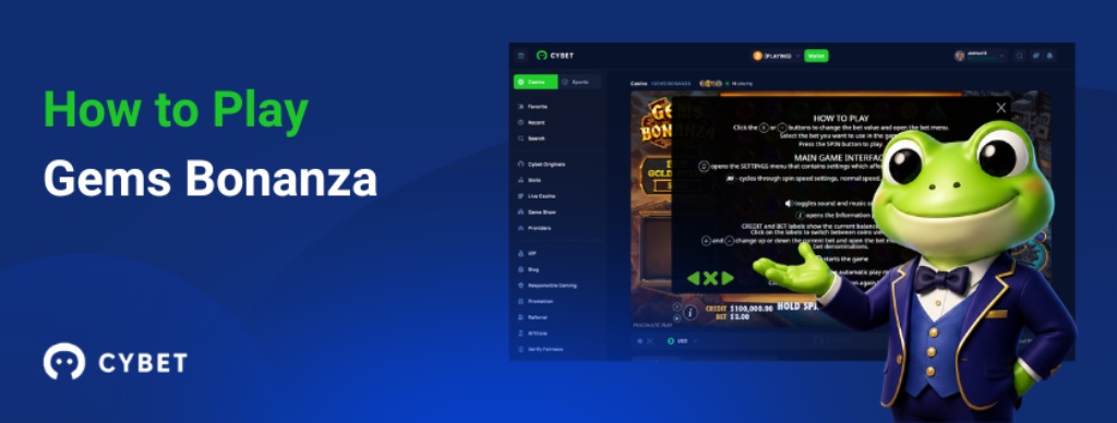 Tutorial screen with Cybet casino interface and cartoon frog mascot presenting slot instructions