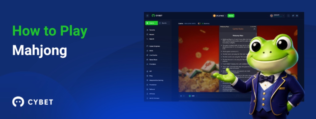 Cybet casino interface and cartoon frog mascot in formal outfit