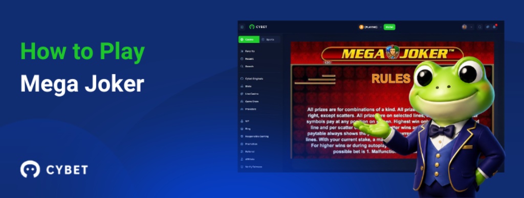 How to play Mega Joker slot tutorial with Cybet casino interface and frog mascot pointing at game rules