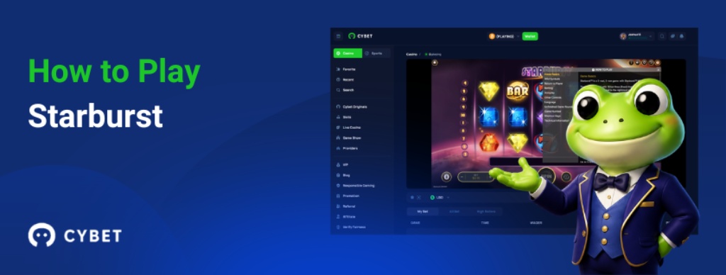 How to play Starburst tutorial with Cybet casino interface and frog mascot in a blue suit, presenting the game’s instructions overlay.