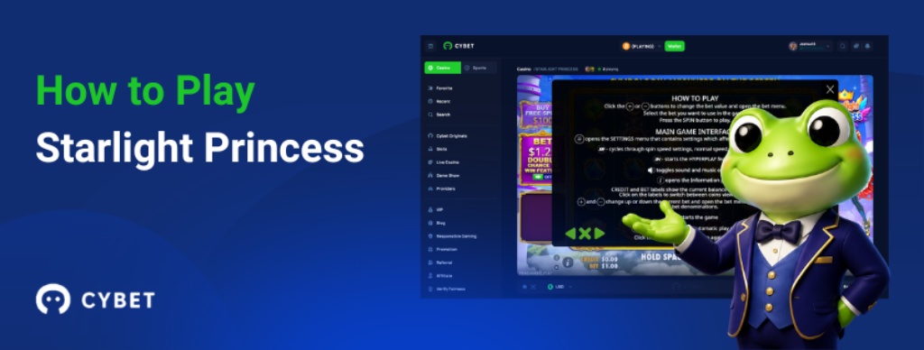 How to play Starlight Princess tutorial with Cybet casino interface and frog mascot in a blue suit, presenting the game’s instructions overlay.