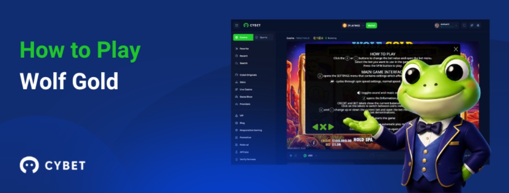 How to play Wolf Gold slot tutorial with Cybet casino interface and frog mascot presenting game instructions