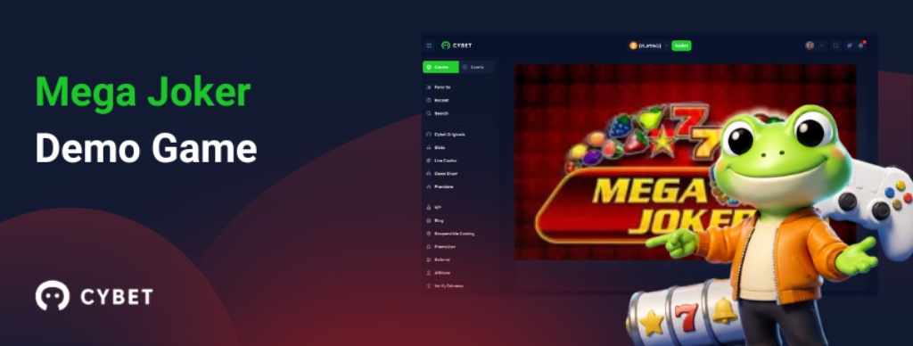 Mega Joker demo game banner with Cybet casino interface and cheerful frog mascot