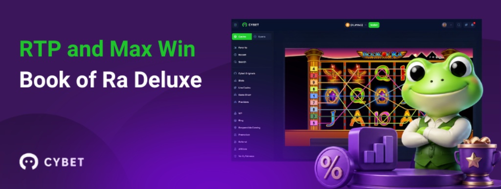 RTP and max win details for Book of Ra Deluxe slot with Cybet casino interface and frog mascot beside analytics icons