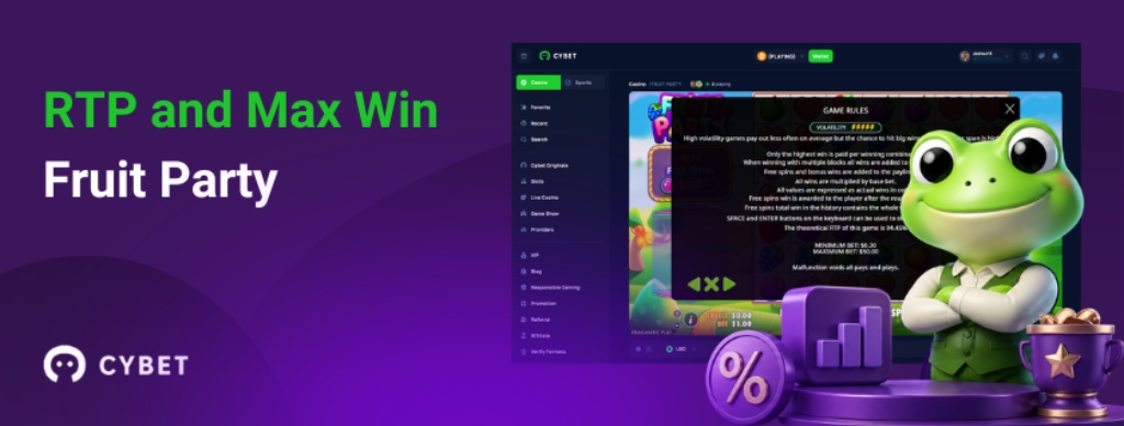 RTP and max win screen for Fruit Party slot with Cybet casino interface and frog mascot beside statistics icons, highlighting payout and game rules.