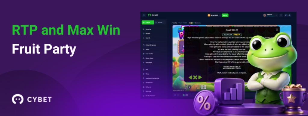 RTP and max win screen for Fruit Party slot with Cybet casino interface and frog mascot beside statistics icons, highlighting payout information and game rules.