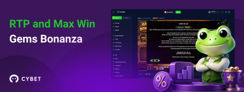 Screen for Gems Bonanza slot with Cybet casino interface and cartoon frog mascot