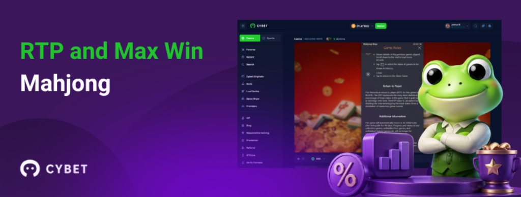 Cybet casino interface and frog mascot standing beside statistics symbols