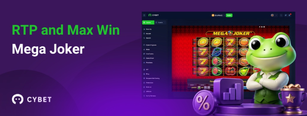 RTP and max win overview for Mega Joker slot with Cybet casino interface and frog mascot beside statistics icons