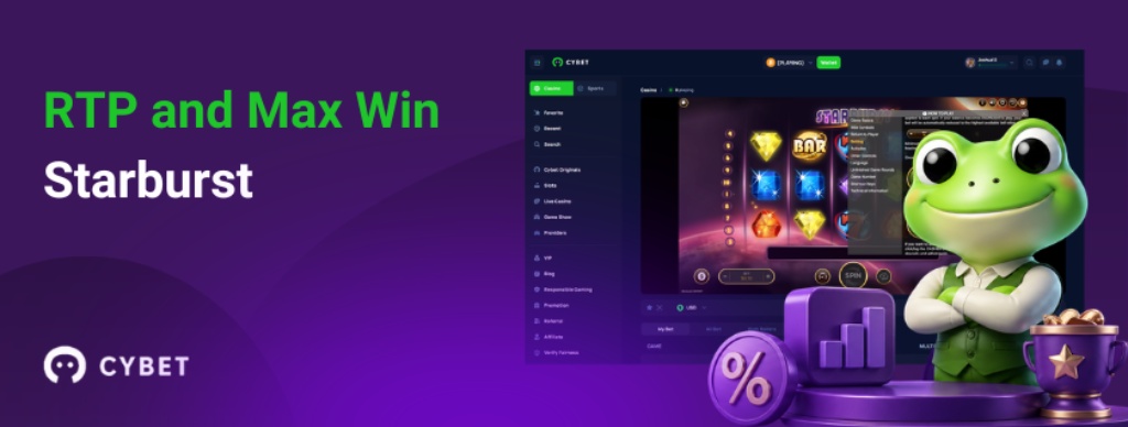 RTP and max win screen for Starburst slot with Cybet casino interface and cartoon frog mascot beside analytics icons, highlighting payout information and game rules.