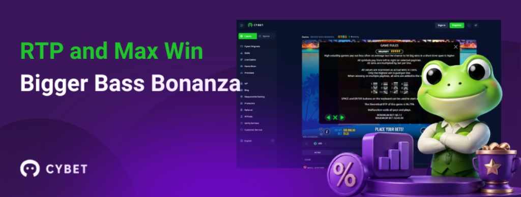 RTP and max win screen for Bigger Bass Bonanza slot with Cybet casino interface and frog mascot beside statistics icons, highlighting payout information and game rules.