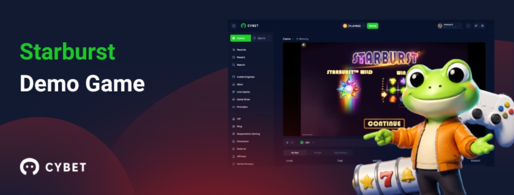 Starburst demo game screen with Cybet casino interface and cartoon frog mascot holding a game controller, showing the main reels and Starburst Wild symbol.