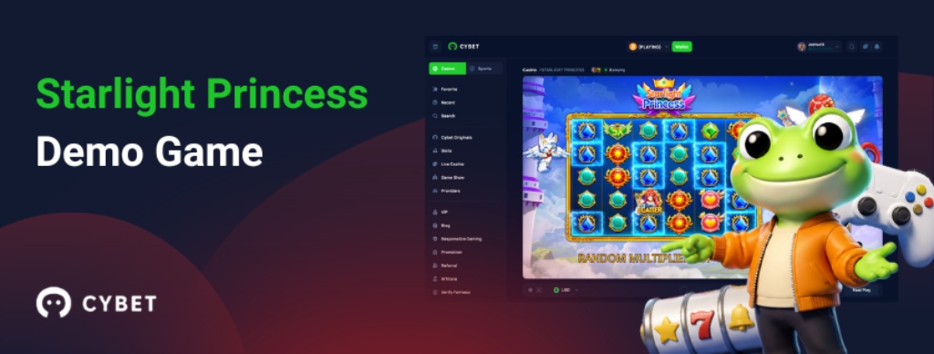 Starlight Princess demo game screen with Cybet casino interface and cartoon frog mascot holding a game controller, showing the slot’s main reels and symbols.