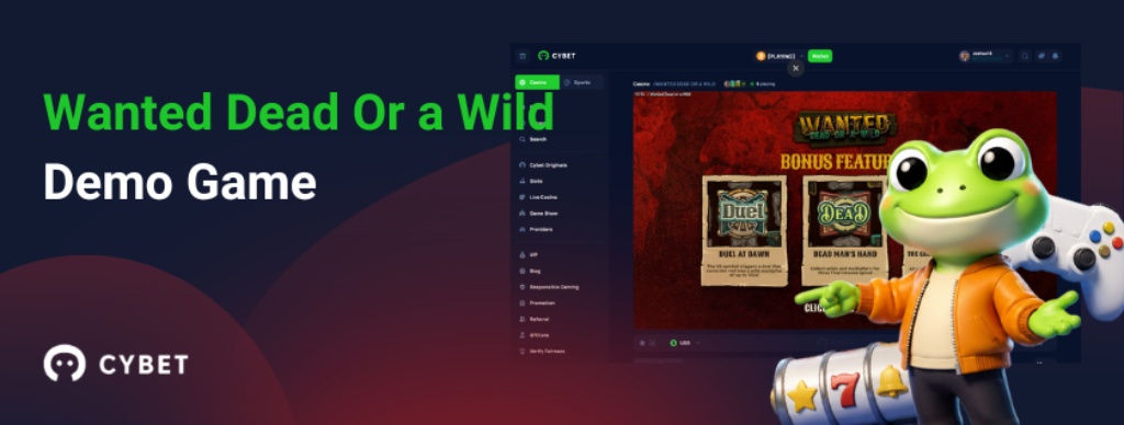 Wanted Dead Or a Wild demo game screen with Cybet casino interface and cartoon frog mascot holding a controller