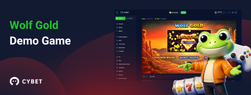 Wolf Gold demo game banner with Cybet casino interface and cheerful frog mascot in orange jacket
