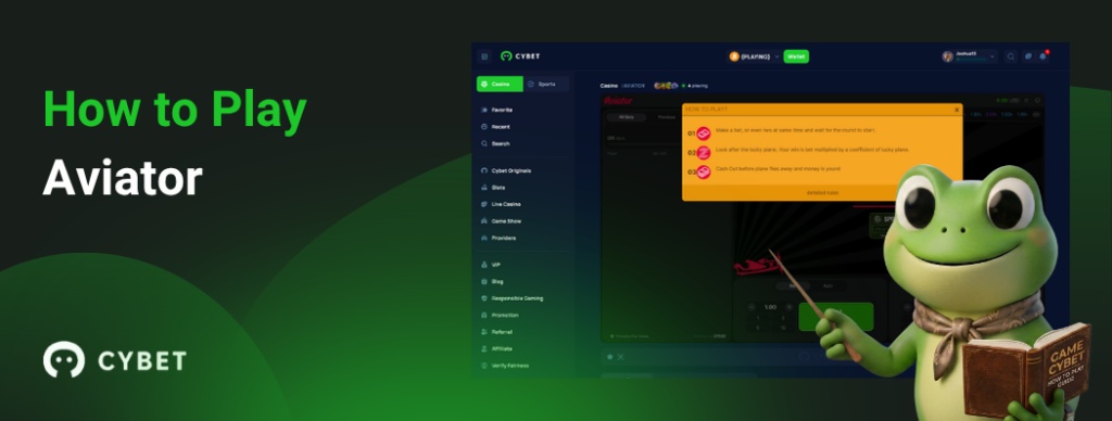 CYBET game screen with instructions for playing Aviator, featuring the game interface and a frog mascot.