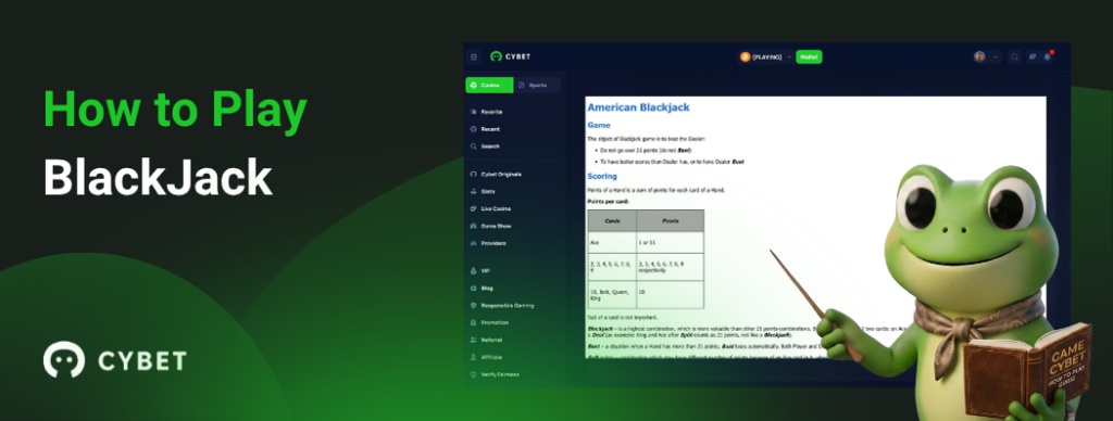CYBET BlackJack game interface showing game rules with the frog mascot holding a book.