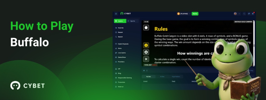 CYBET Buffalo game interface with game rules and instructions, alongside the frog mascot.