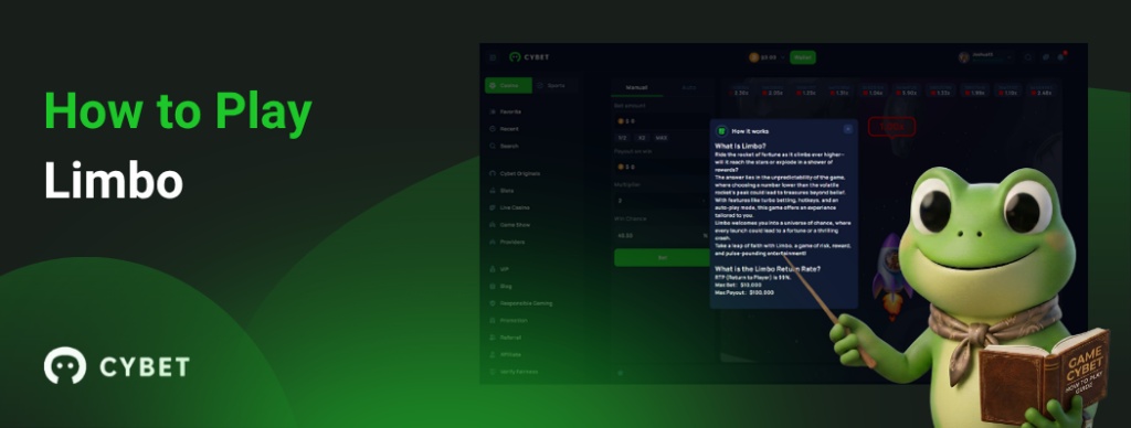 CYBET Limbo game interface showing instructions with the frog mascot holding a book, and game settings visible.