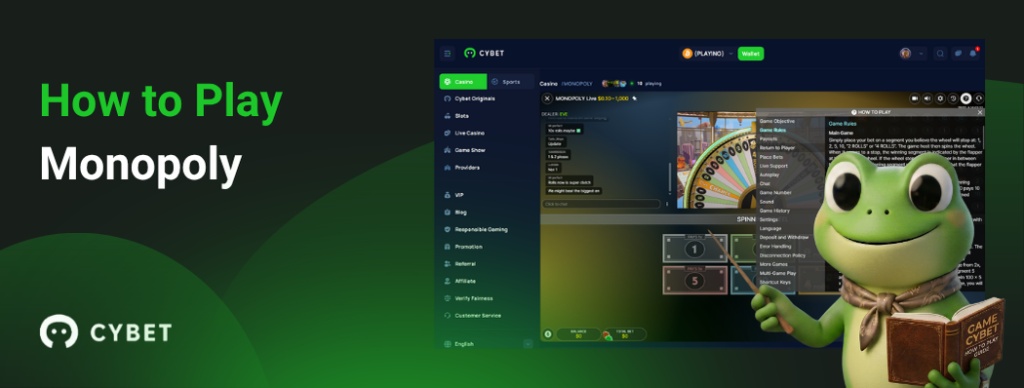 How to play the Monopoly game on the Cybet platform, with a focus on game rules and interface, accompanied by the Cybet frog mascot.