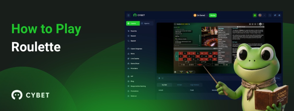 CYBET Roulette game screen with instructions and the frog mascot providing guidance on how to play.