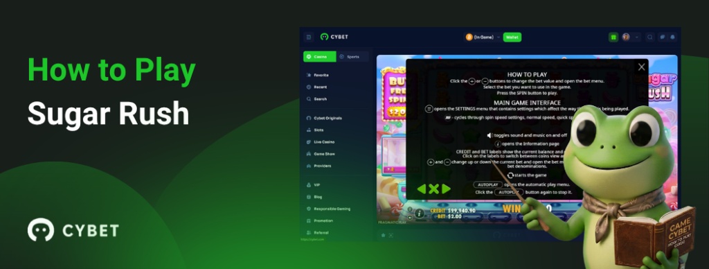 CYBET game screen for Sugar Rush with instructions on the game mechanics, accompanied by the frog mascot.