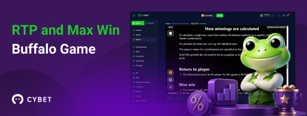 CYBET Buffalo game interface displaying RTP and max win information, featuring the frog mascot holding a trophy.