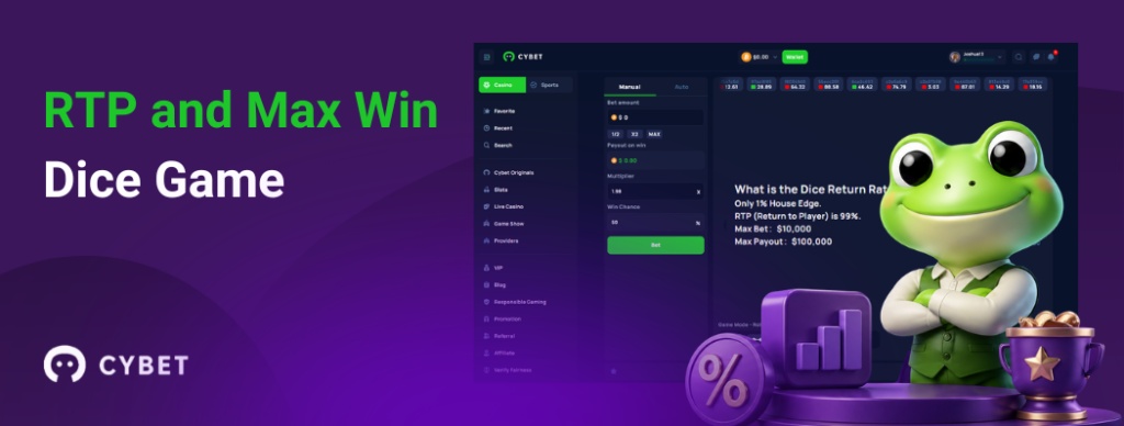 CYBET Dice game interface showing RTP and max win details, with the frog mascot holding a trophy.