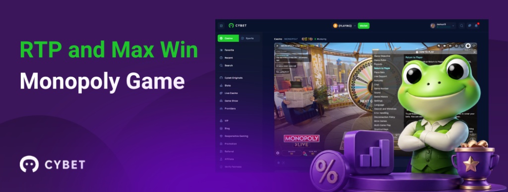 CYBET Monopoly game interface with RTP and max win details, featuring the frog mascot holding a trophy.