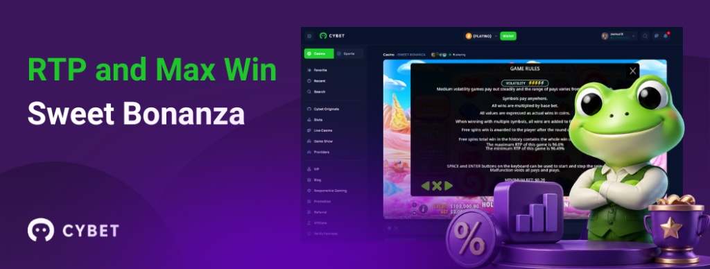 CYBET Sweet Bonanza game interface showing RTP and max win details, with the frog mascot holding a trophy.