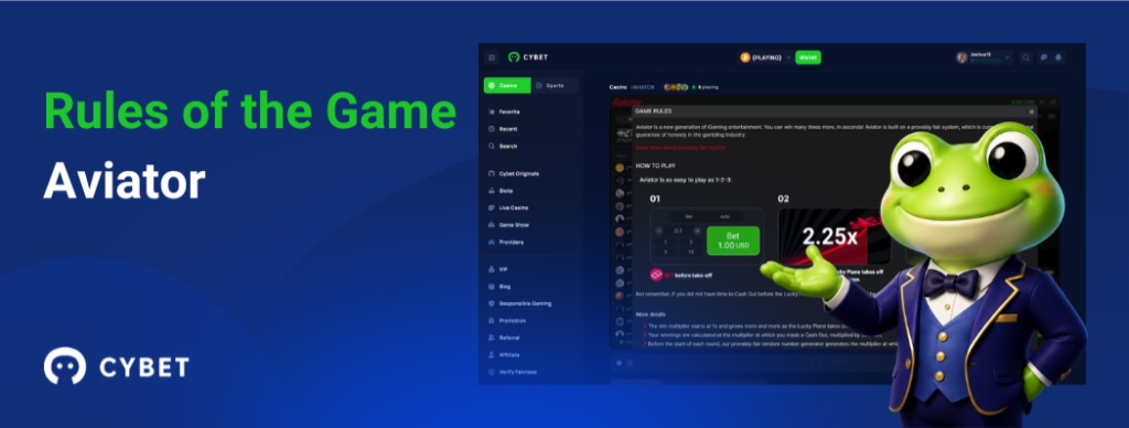 CYBET Aviator game rules interface, with the frog mascot explaining multiplier timing and cashout mechanics.