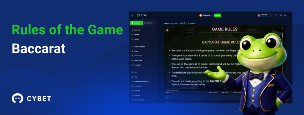 CYBET Baccarat game rules interface, with the frog mascot explaining player, banker, and tie bets.