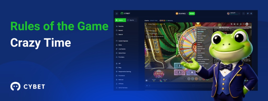 CYBET Crazy Time game rules interface, with the frog mascot explaining bonus rounds and wheel mechanics.