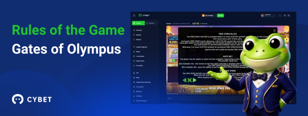 CYBET Gates of Olympus slot rules interface, with the frog mascot explaining multipliers and free spins mechanics.
