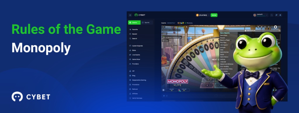 CYBET Monopoly Live game rules interface, with the frog mascot explaining wheel segments and bonus rounds.