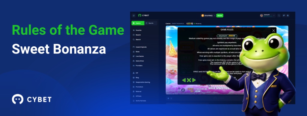 CYBET Sweet Bonanza slot rules interface, with the frog mascot explaining tumble features and multipliers.