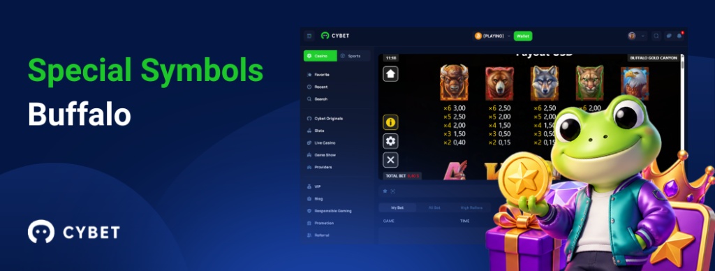 Buffalo game interface showcasing special symbols and payouts, with the frog mascot holding a golden star.