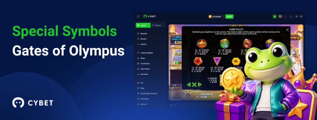 Gates of Olympus game interface featuring special symbols and payout values, with the frog mascot holding a star trophy.
