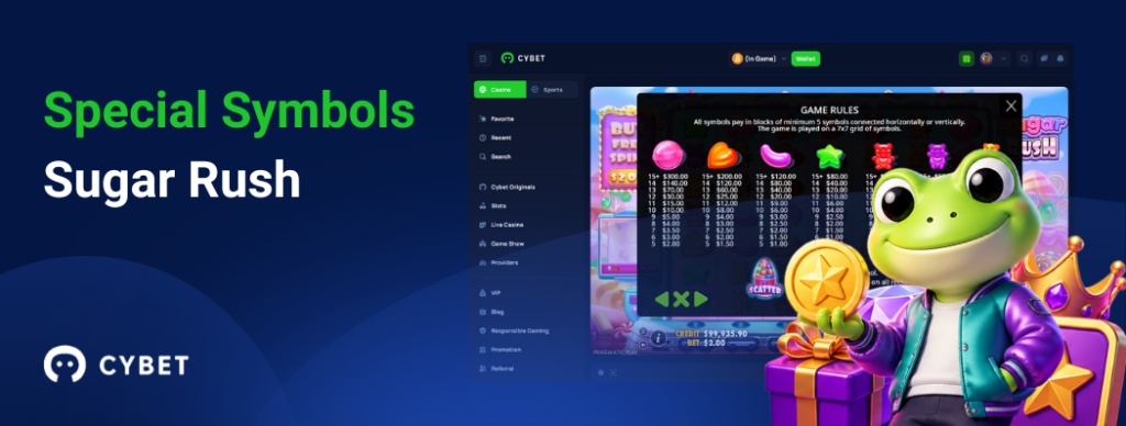 Sugar Rush game interface showcasing special symbols and their payout values with the frog mascot holding a prize.