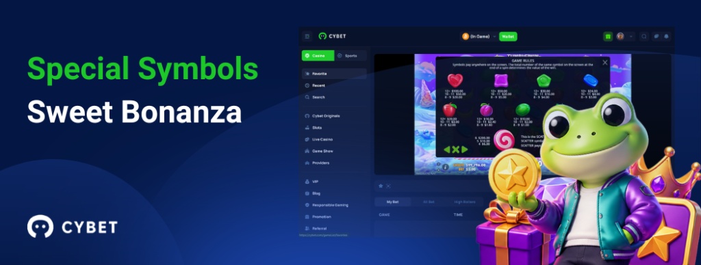 Sweet Bonanza game interface highlighting special symbols and their payouts, with the frog mascot holding a golden prize.