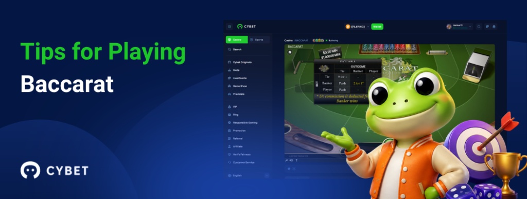 CYBET Baccarat game interface displaying tips for playing, with the frog mascot wearing an orange jacket and holding a trophy.