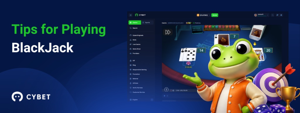 CYBET Blackjack game interface displaying tips for playing, with the frog mascot wearing an orange jacket and holding a trophy.