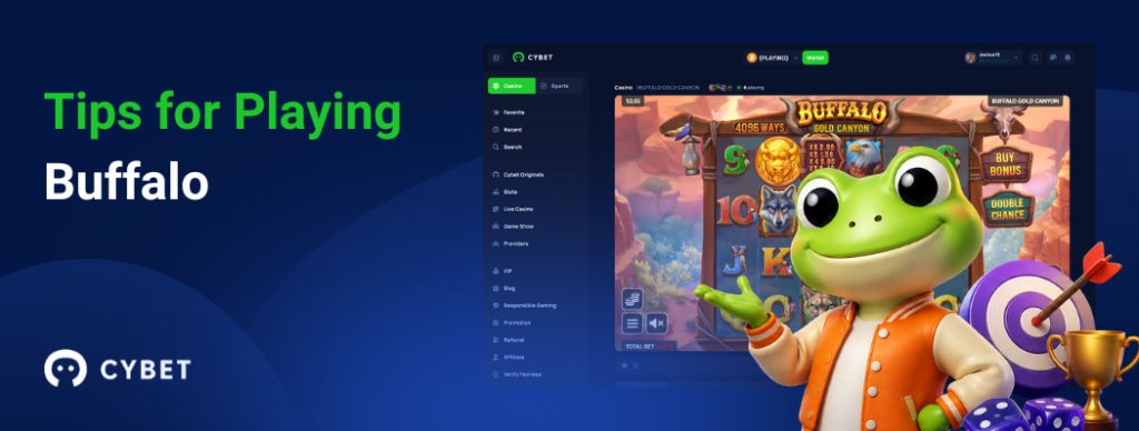CYBET Buffalo game interface displaying tips for playing, with the frog mascot wearing an orange jacket and holding a trophy.