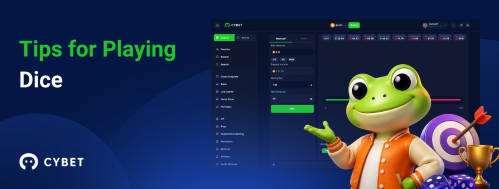 CYBET Dice game interface displaying tips for playing, with the frog mascot wearing an orange jacket and holding a trophy.