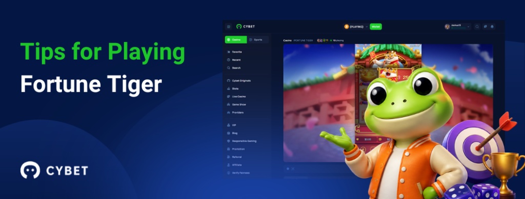 CYBET Fortune Tiger game interface displaying tips for playing, with the frog mascot wearing an orange jacket and holding a trophy.